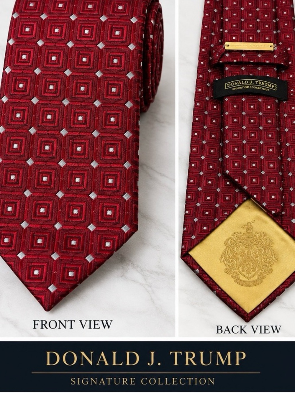 DONAL K. TRUMP SIGNATURE COLLECTION. 100% SILK RED GEOMETRIC. MENS TIE.
